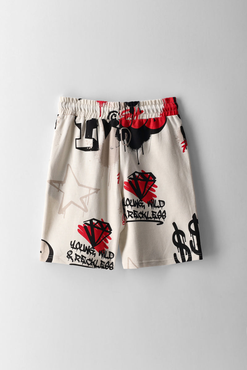 Boys Grafitti Print Fleece Short - Ecru