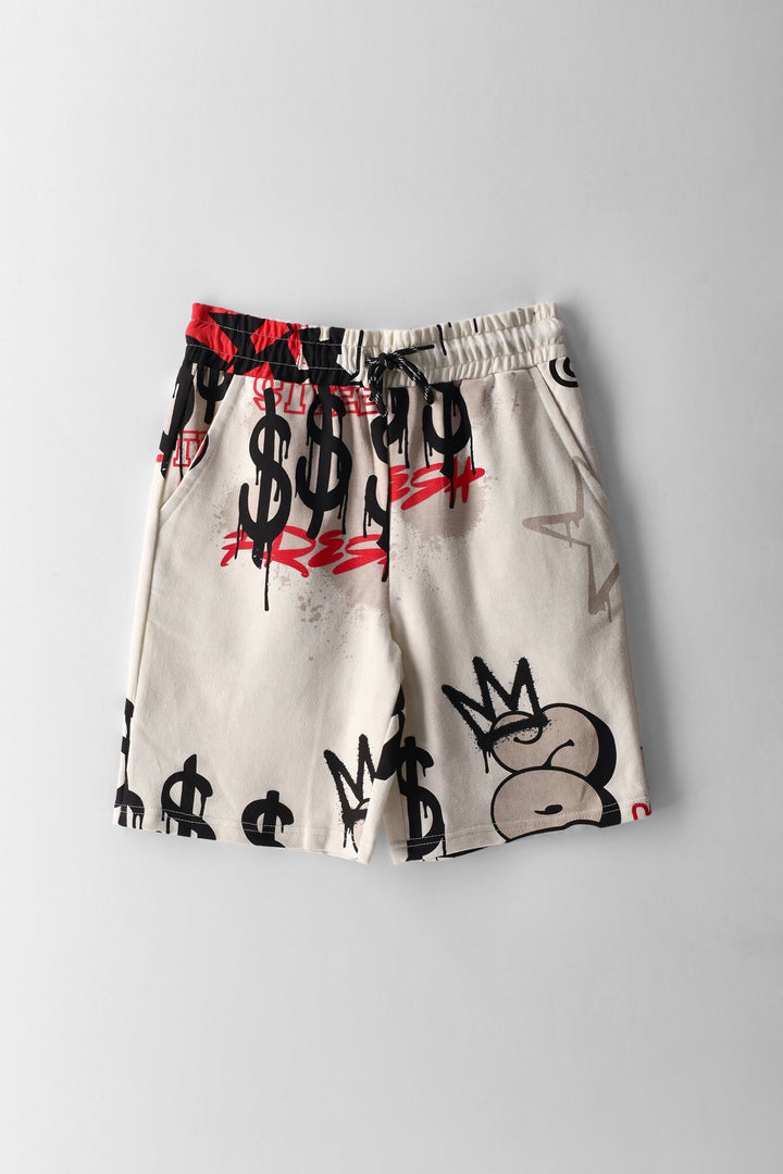 Boys Grafitti Print Fleece Short - Ecru