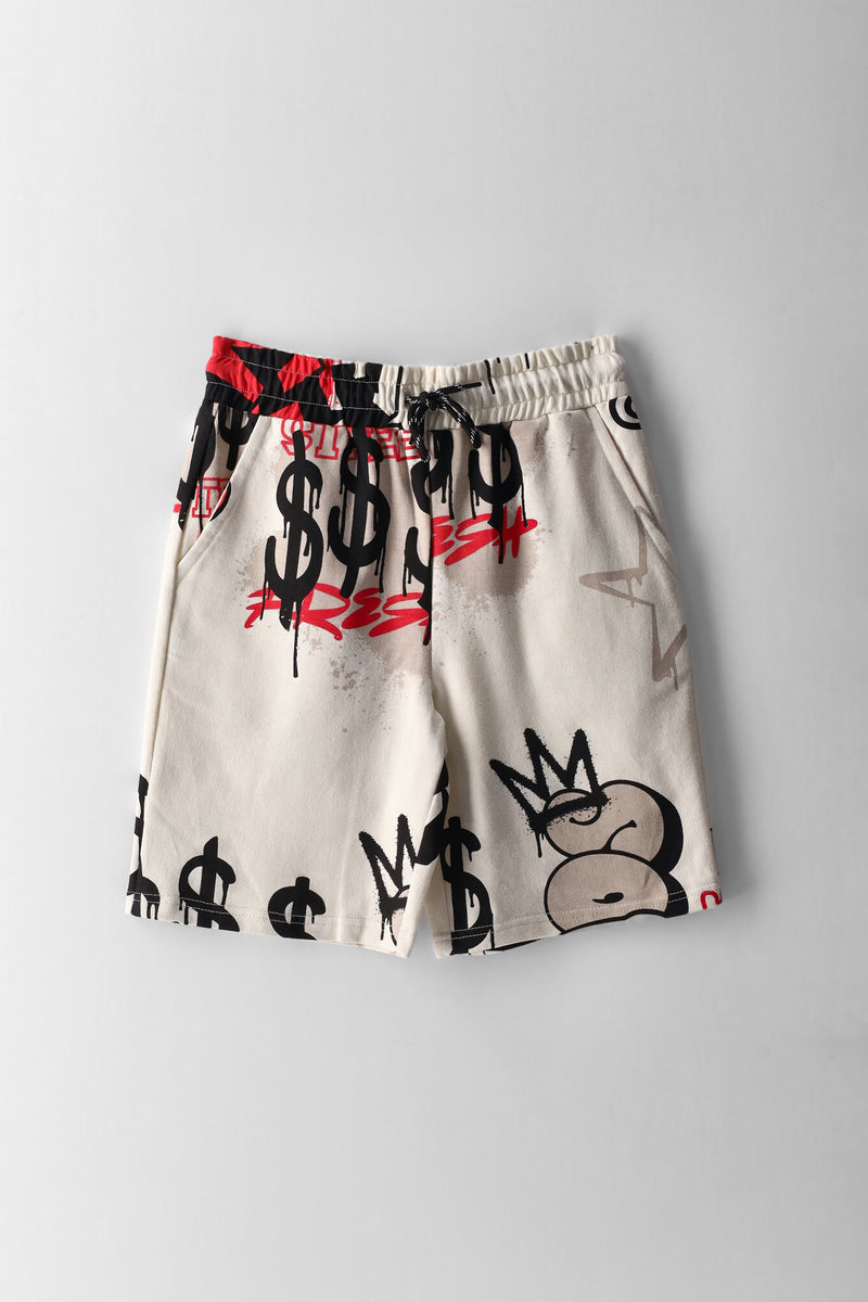Boys Grafitti Print Fleece Short - Ecru