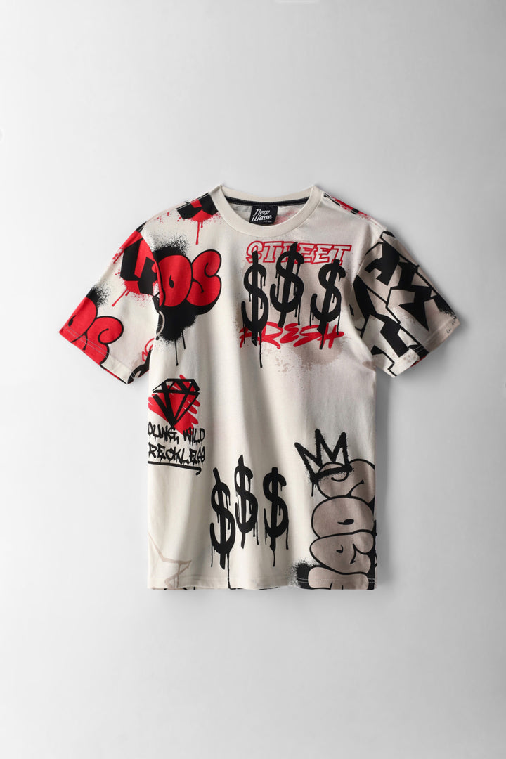 Boys Grafitti Print Fleece T-Shirt - Ecru