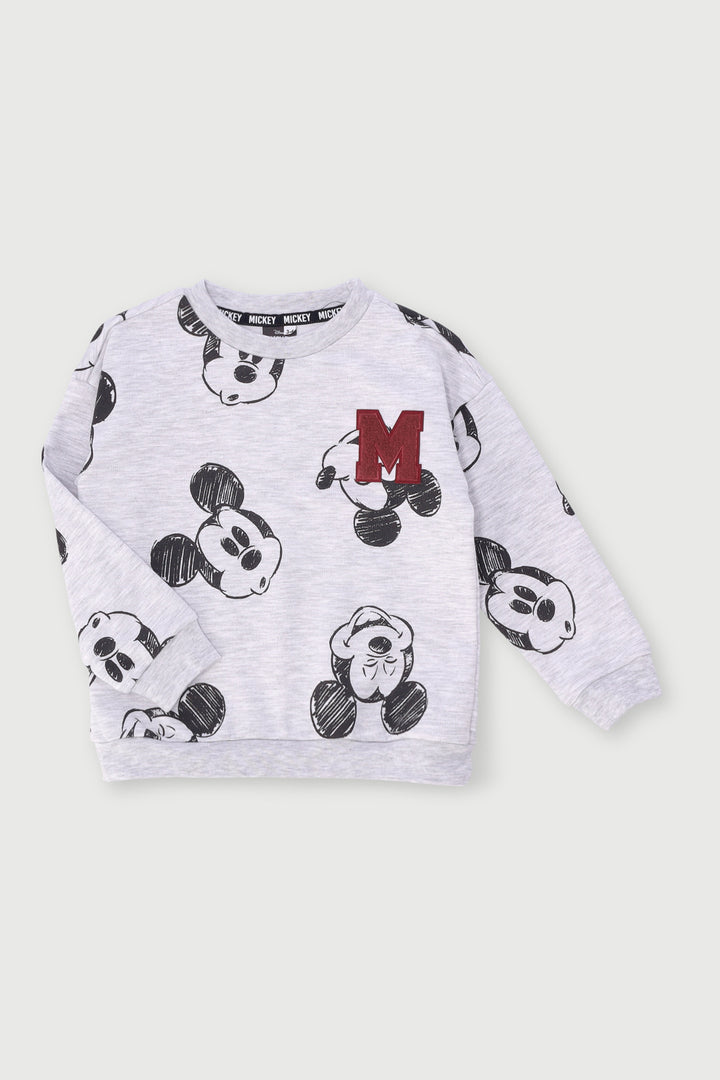 Pre-Boys Mickey Print Chenille Crew Top - Grey Melange