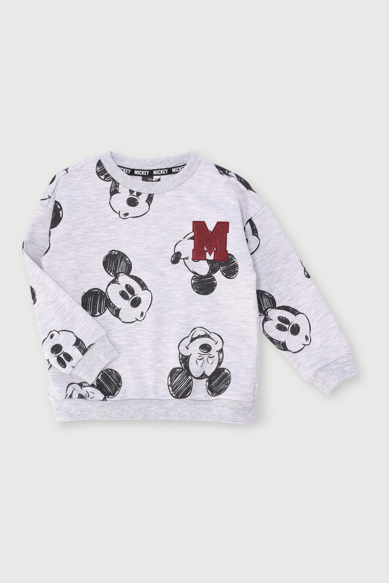Pre-Boys Mickey Print Chenille Crew Top - Grey Melange