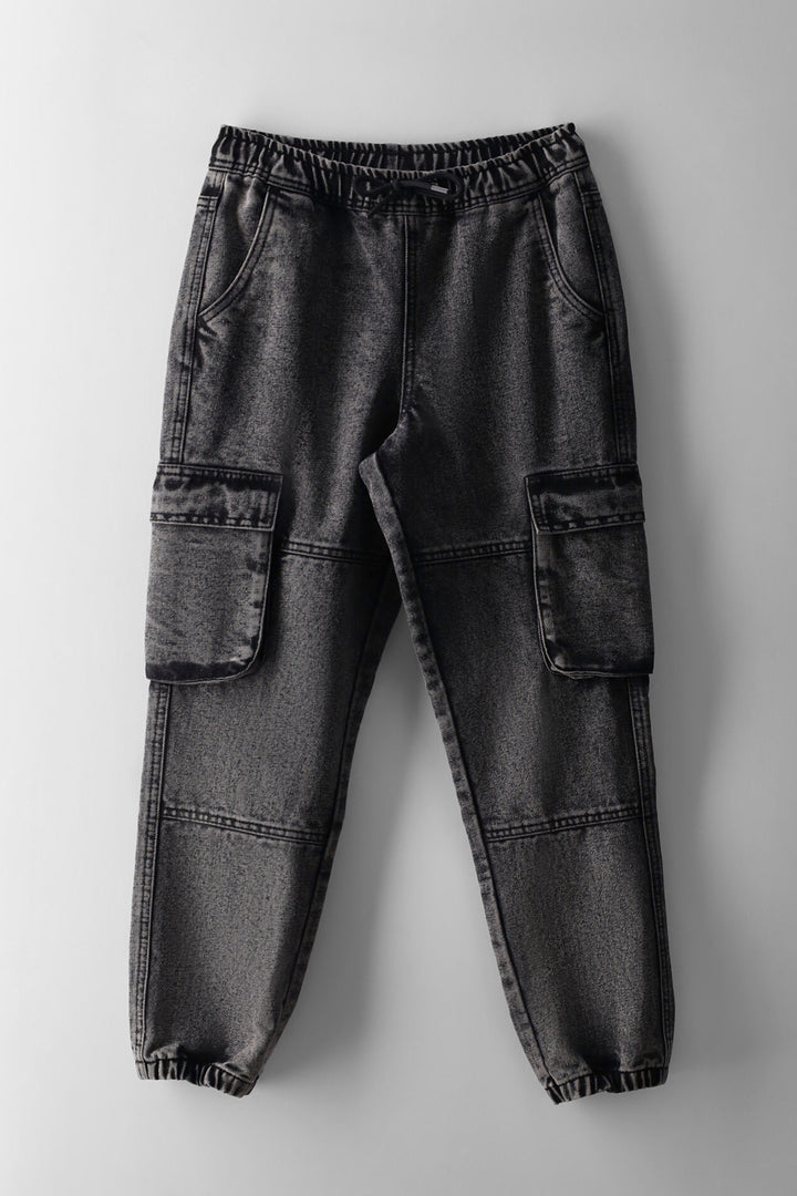 Boys Acid Wash Baggy Cargo Denim - Grey