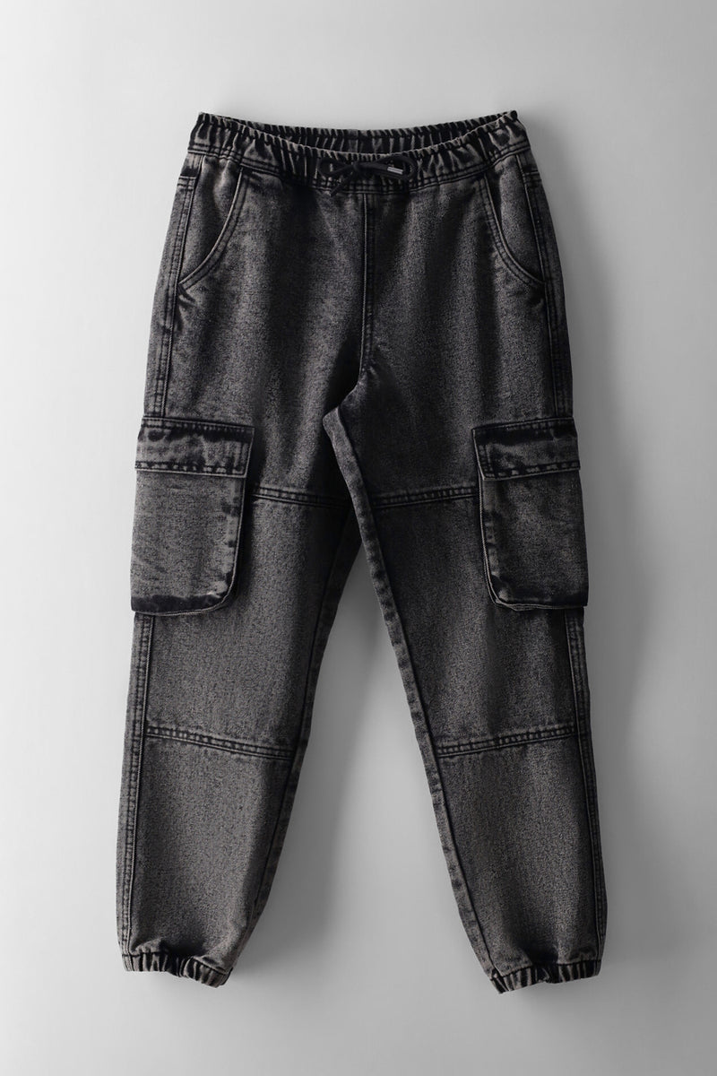 Boys Acid Wash Baggy Cargo Denim - Grey