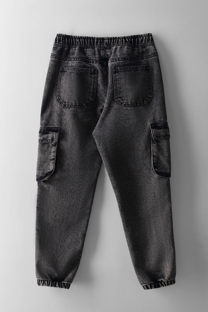 Boys Acid Wash Baggy Cargo Denim - Grey