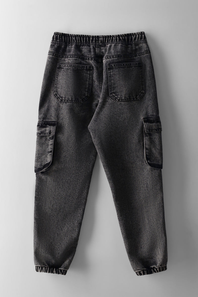 Boys Acid Wash Baggy Cargo Denim - Grey