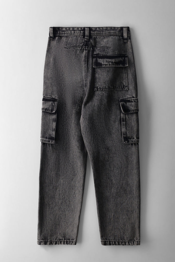 Boys Acid Wash Baggy Cargo Denim - Grey
