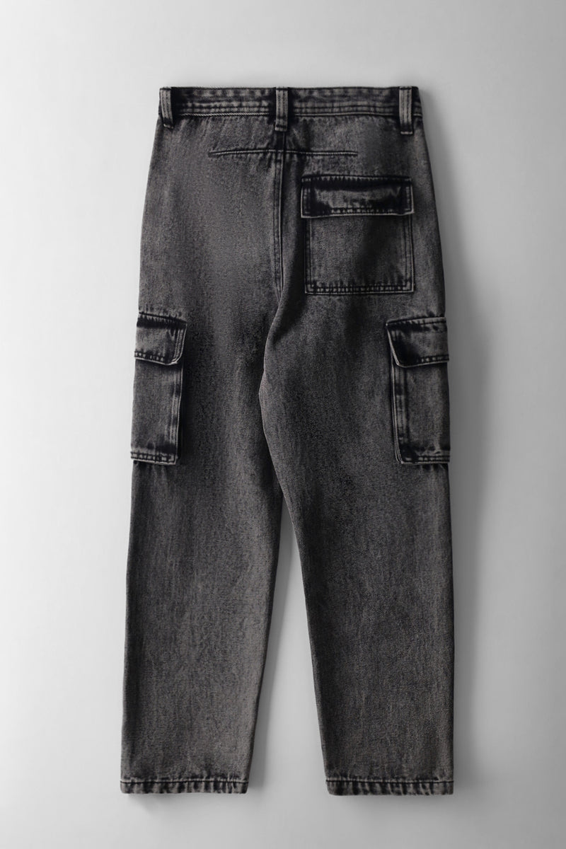 Boys Acid Wash Baggy Cargo Denim - Grey