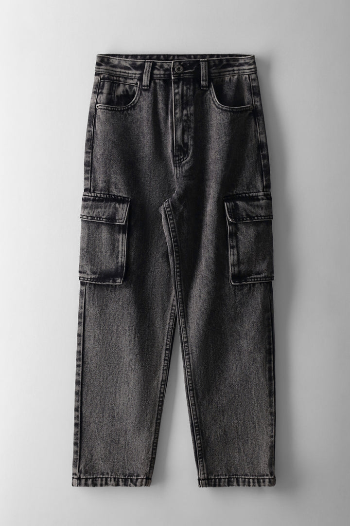 Boys Acid Wash Baggy Cargo Denim - Grey