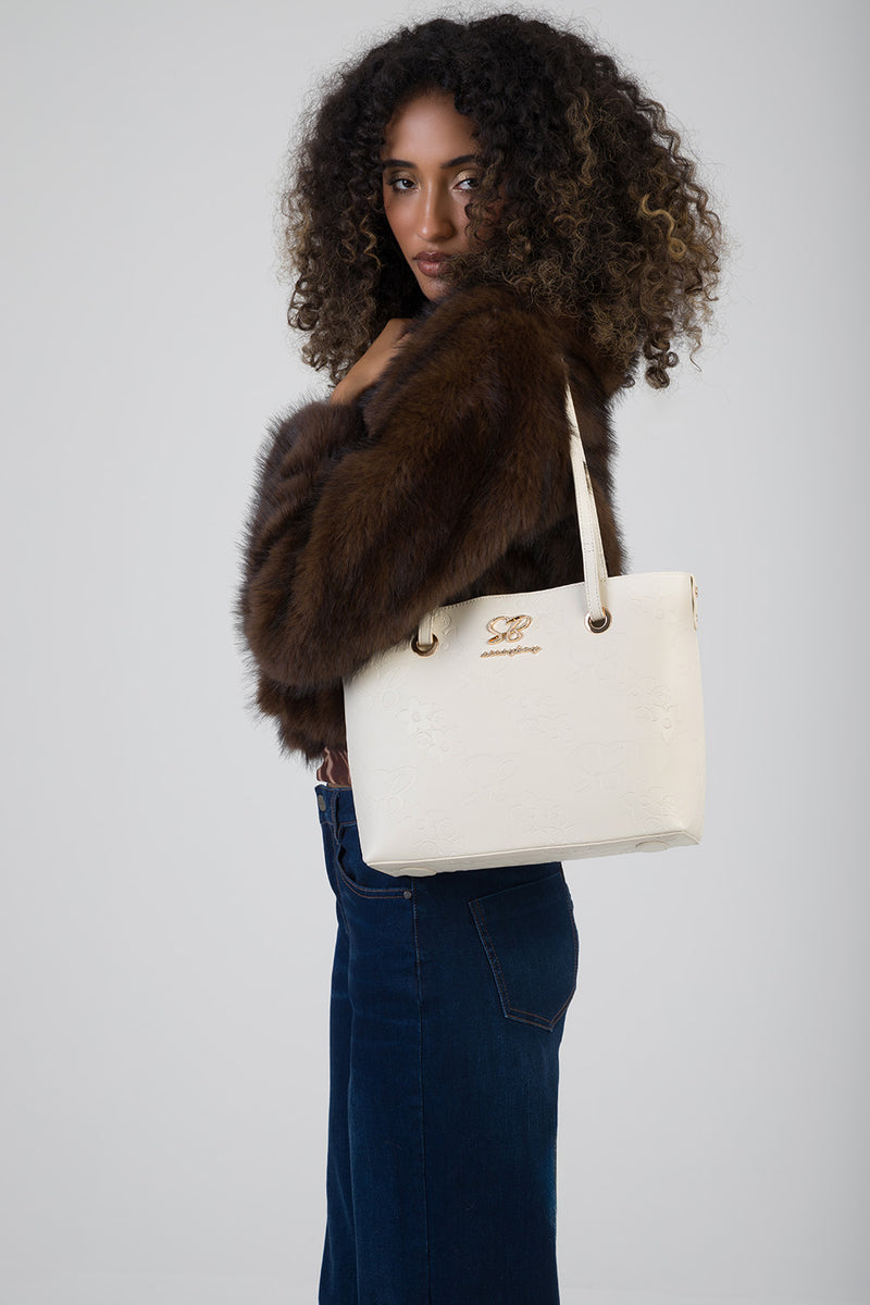 Debossed Print Hayley Handbag Tote - Cream