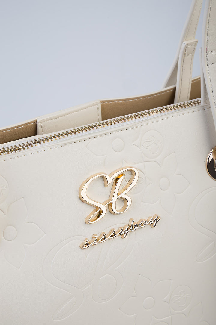 Debossed Print Hayley Handbag Tote - Cream