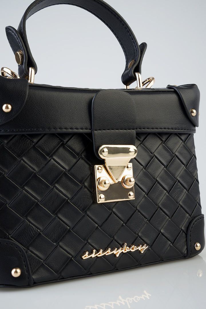 Vicki Handbag With Textured Fabric and Front Clip - Black