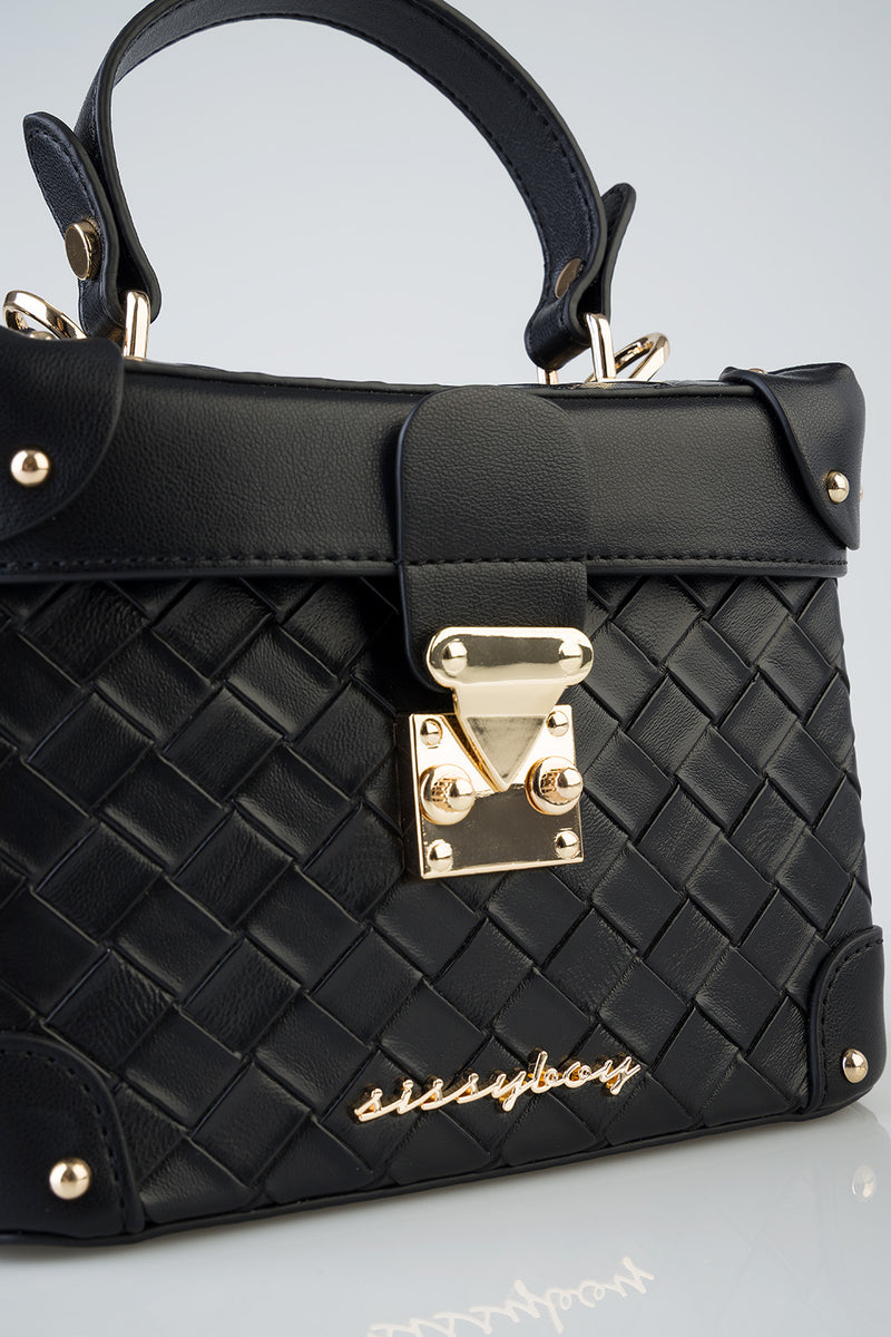 Vicki Handbag With Textured Fabric and Front Clip - Black
