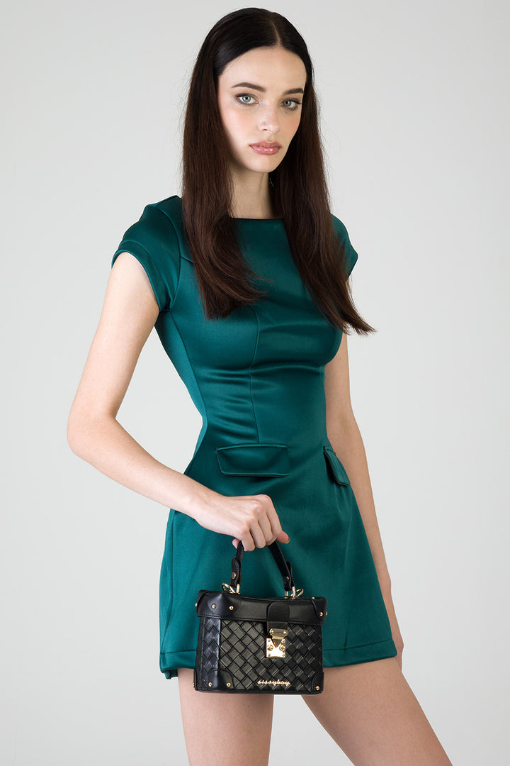 Vicki Handbag With Textured Fabric and Front Clip - Black