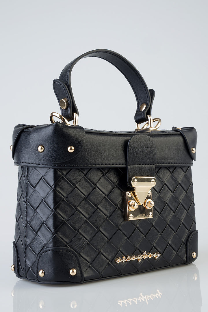 Vicki Handbag With Textured Fabric and Front Clip - Black