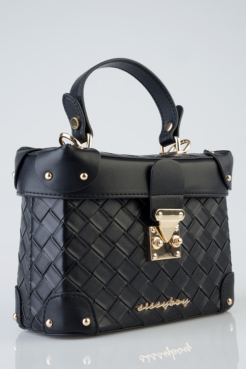 Vicki Handbag With Textured Fabric and Front Clip - Black