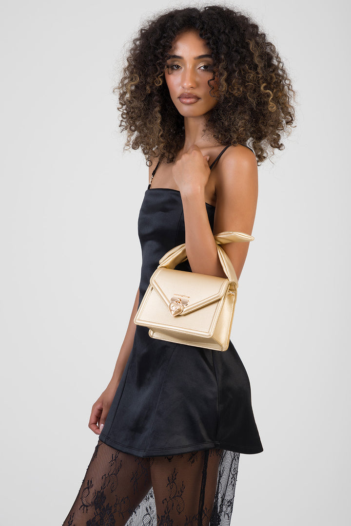 Annie Metallic Mini Handbag With Bow Knot Strap Detail - Bronze