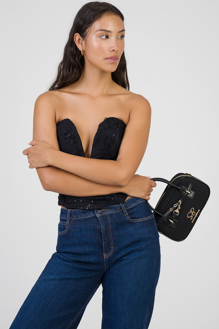 Zoe Bowler Handbag With Front Clip Detail & Mini Bow - Black