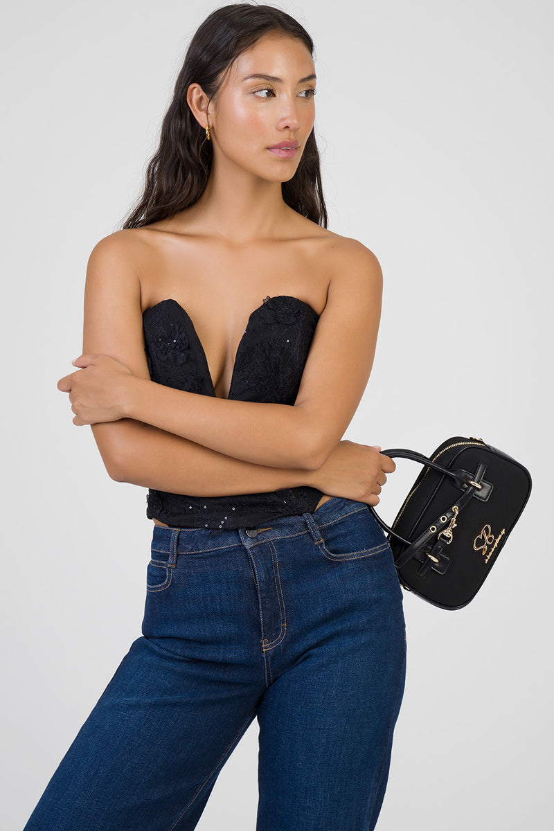 Zoe Bowler Handbag With Front Clip Detail & Mini Bow - Black