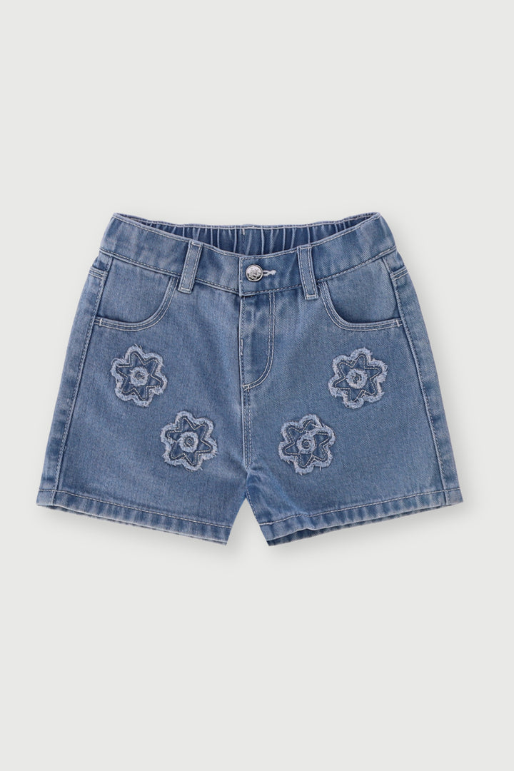 Pre-Girls Flower Applique Denim Shorts - Light Blue