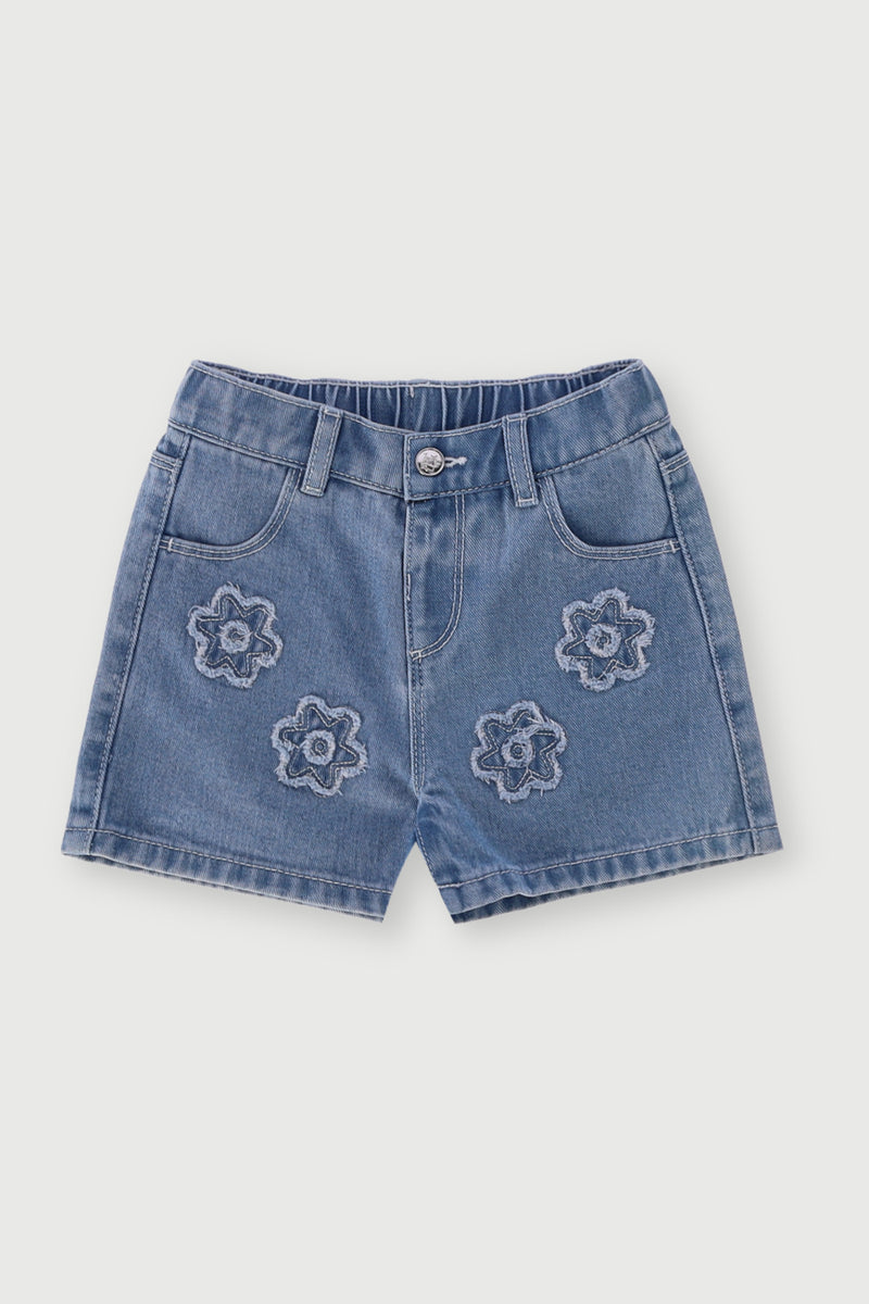Pre-Girls Flower Applique Denim Shorts - Light Blue