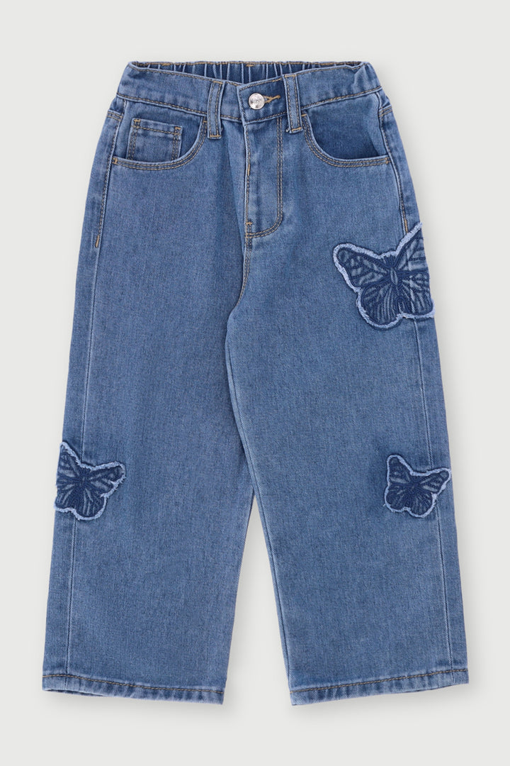 Pre-Girls Butterfly Denim Jeans - Light Blue