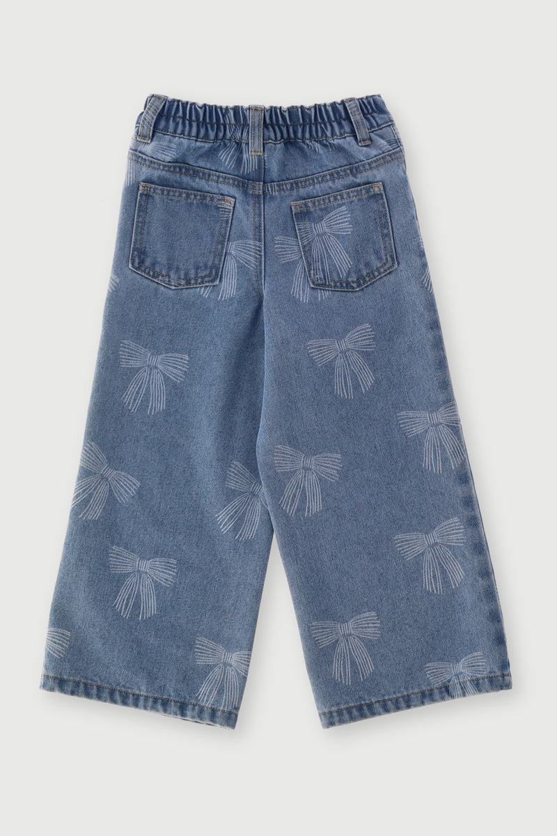 Pre-Girls Bow Print Wide Leg Denim - Mid Blue