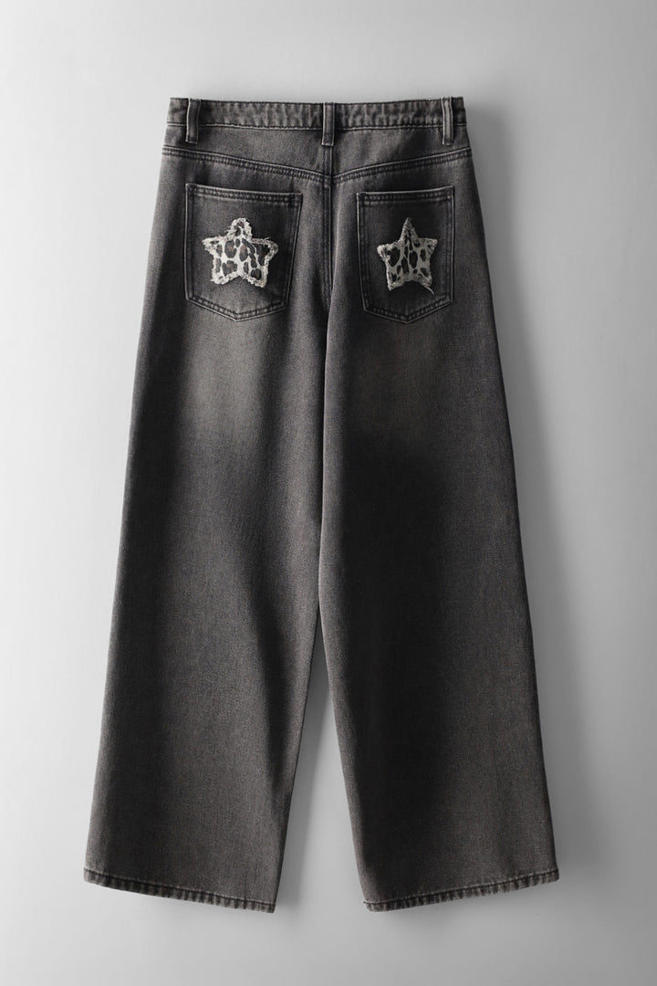 Girls Leo Star Pocket Wide Leg Denims - Charcoal