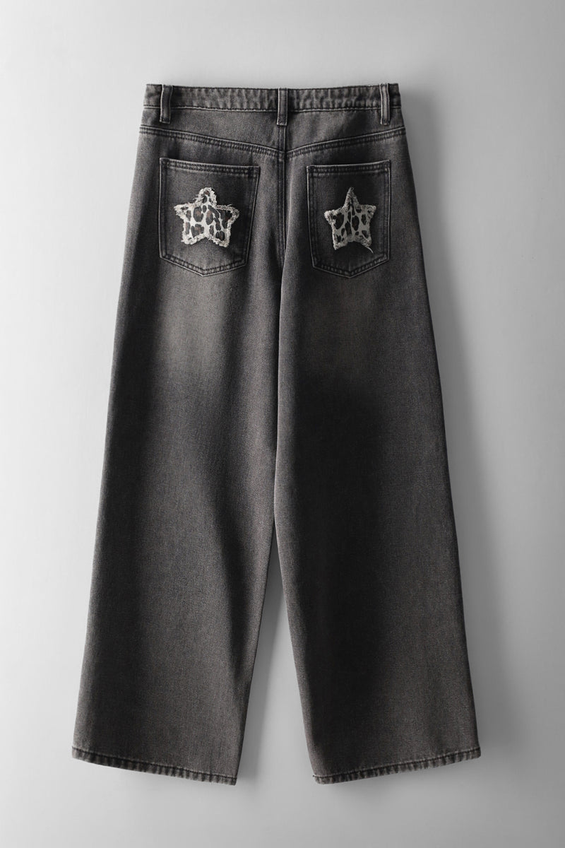 Girls Leo Star Pocket Wide Leg Denims - Charcoal