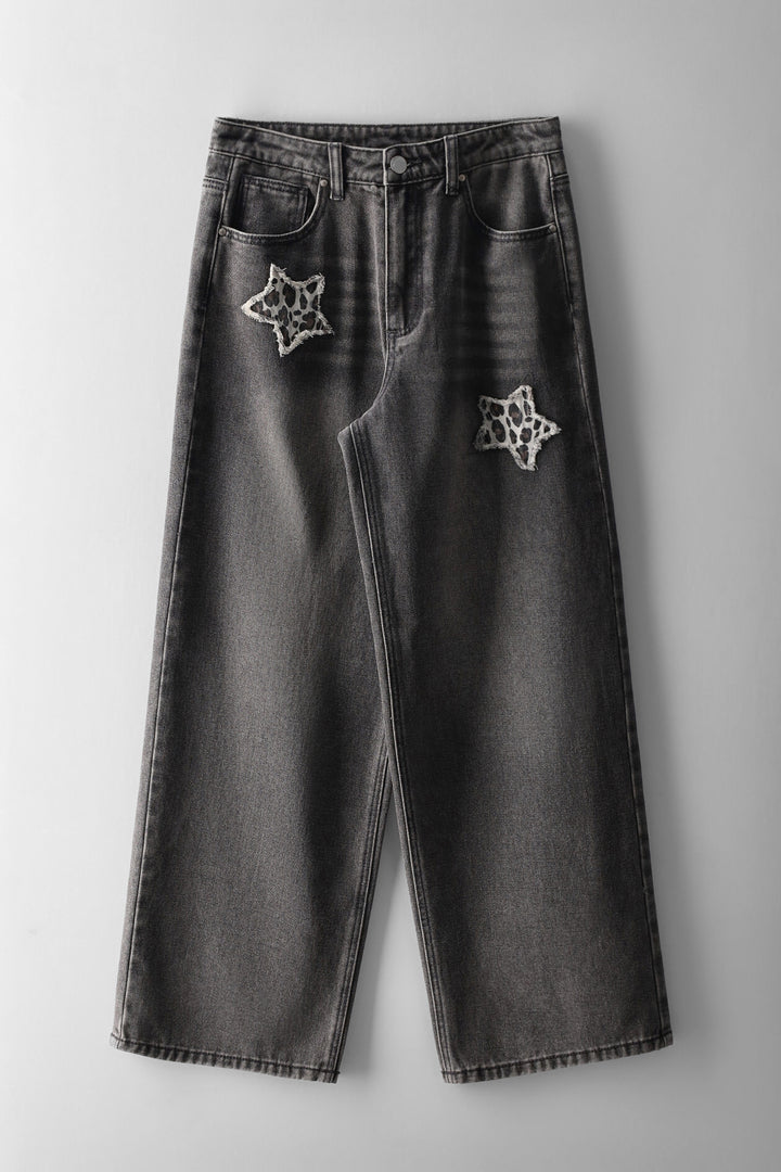 Girls Leo Star Pocket Wide Leg Denims - Charcoal