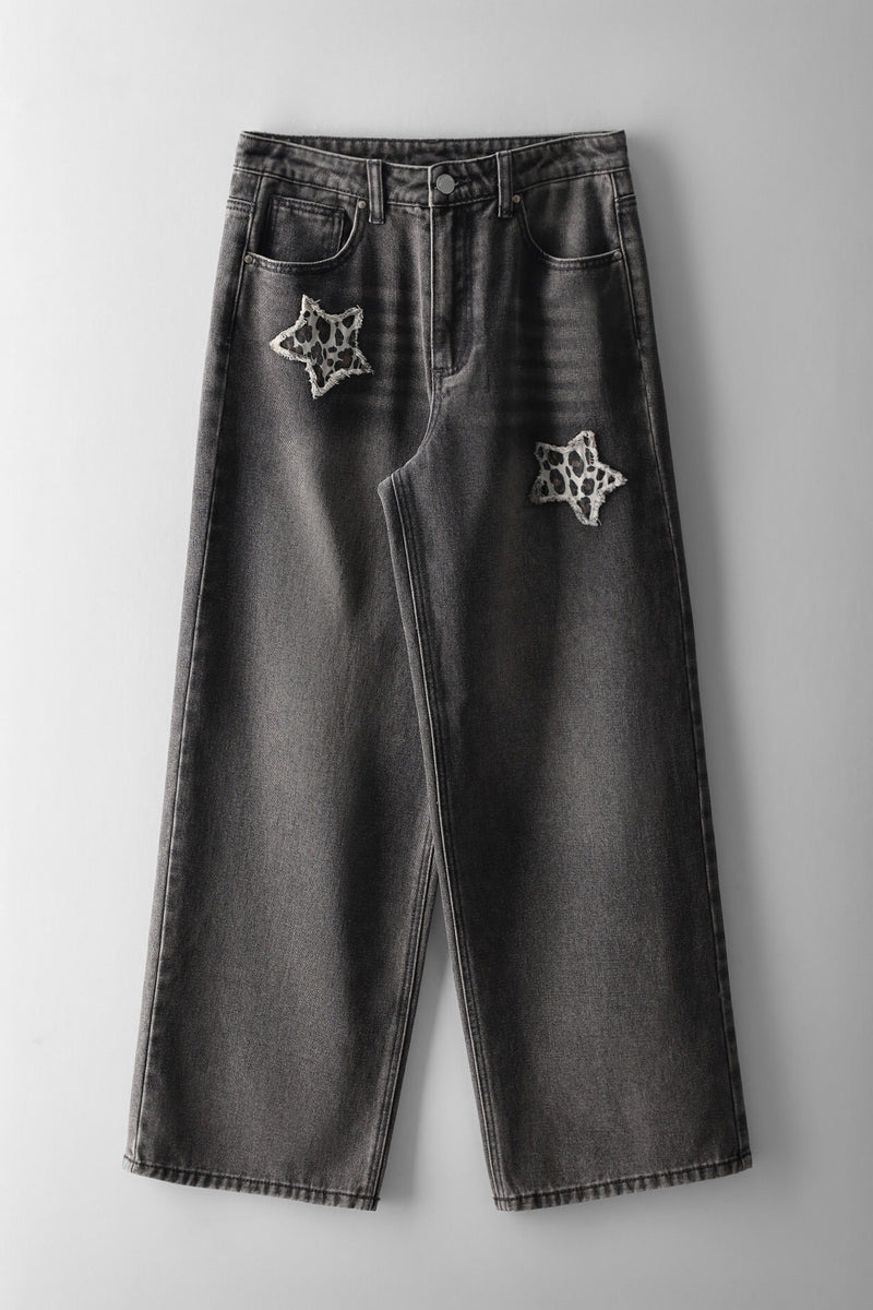 Girls Leo Star Pocket Wide Leg Denims - Charcoal