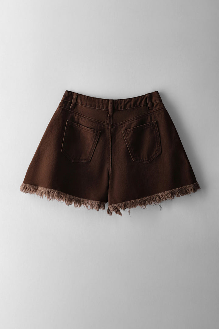 Girls Flared Raw Hem Denim Short - Chocolate