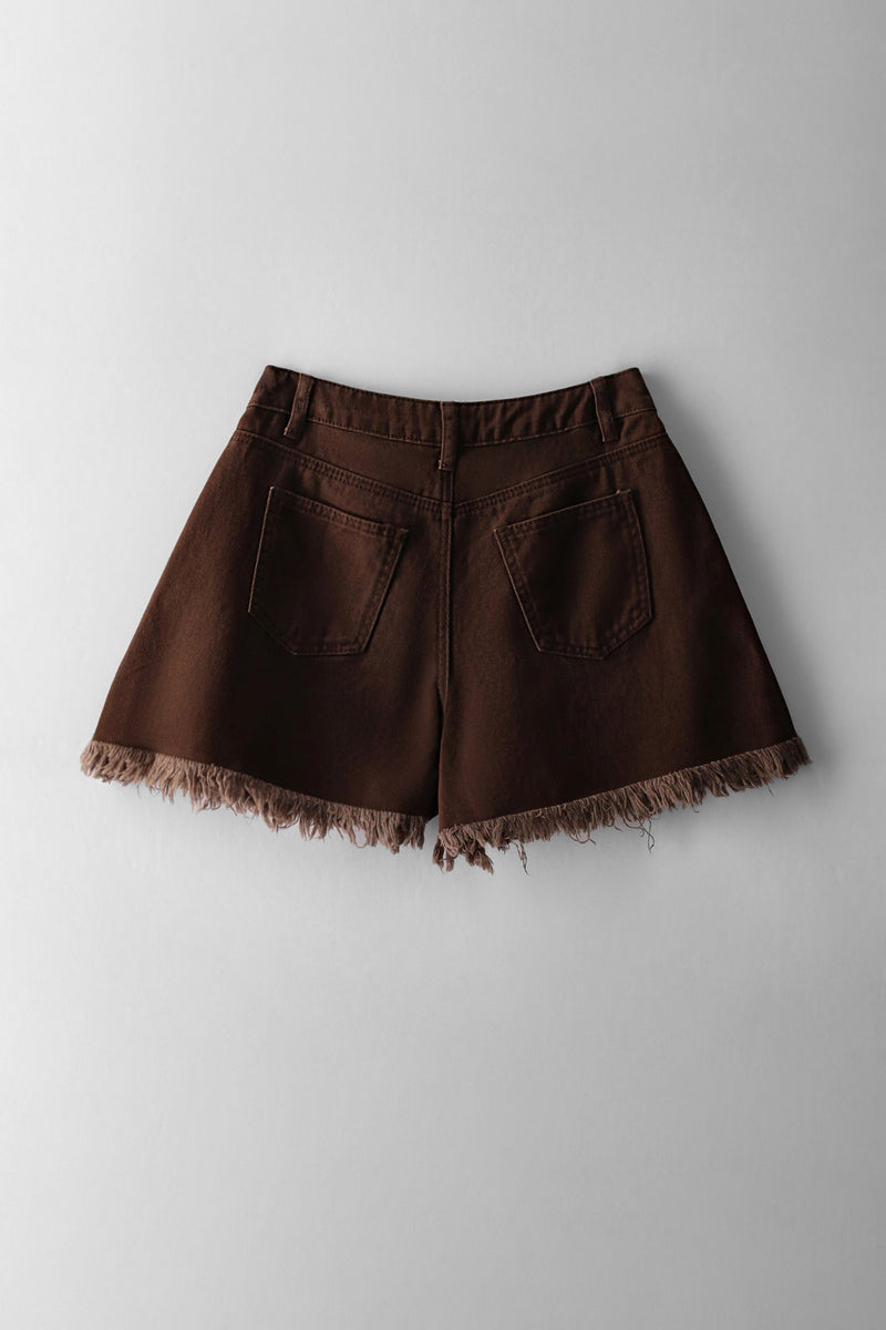Girls Flared Raw Hem Denim Short - Chocolate