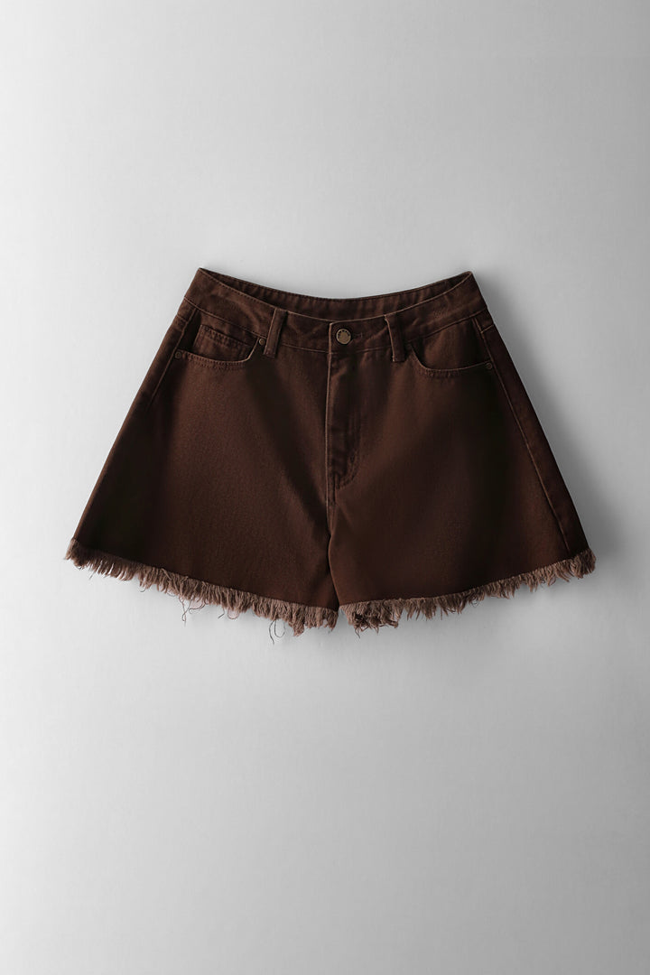 Girls Flared Raw Hem Denim Short - Chocolate