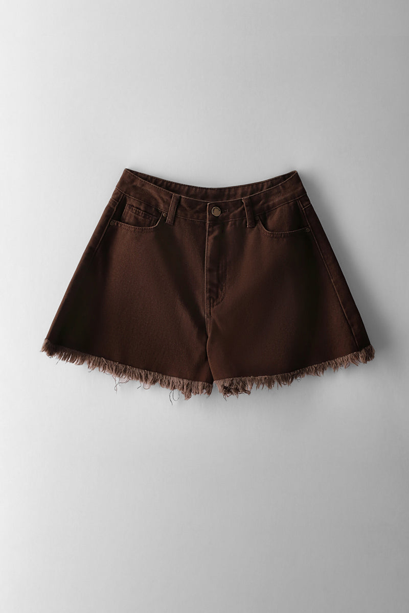 Girls Flared Raw Hem Denim Short - Chocolate
