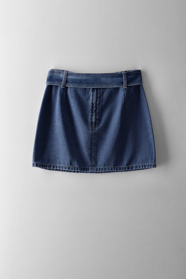 Girls Belted Denim Mini Skirt - Stonewash