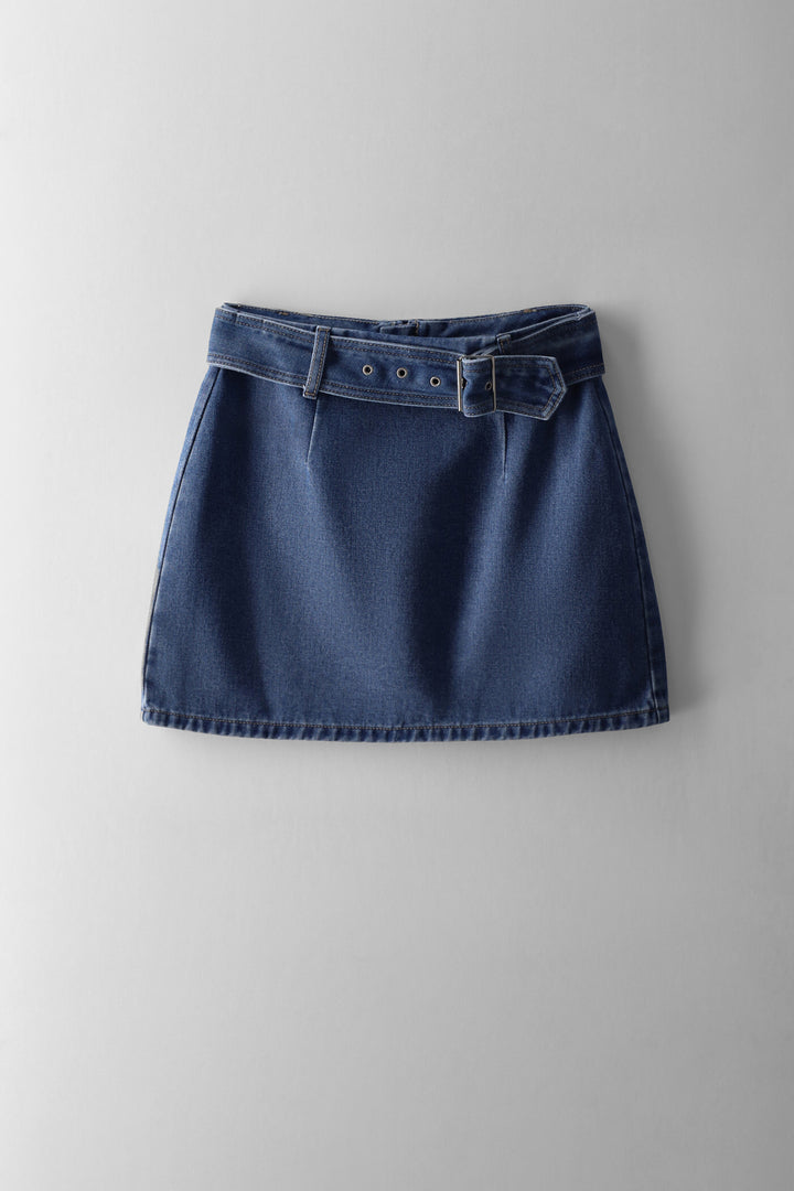 Girls Belted Denim Mini Skirt - Stonewash