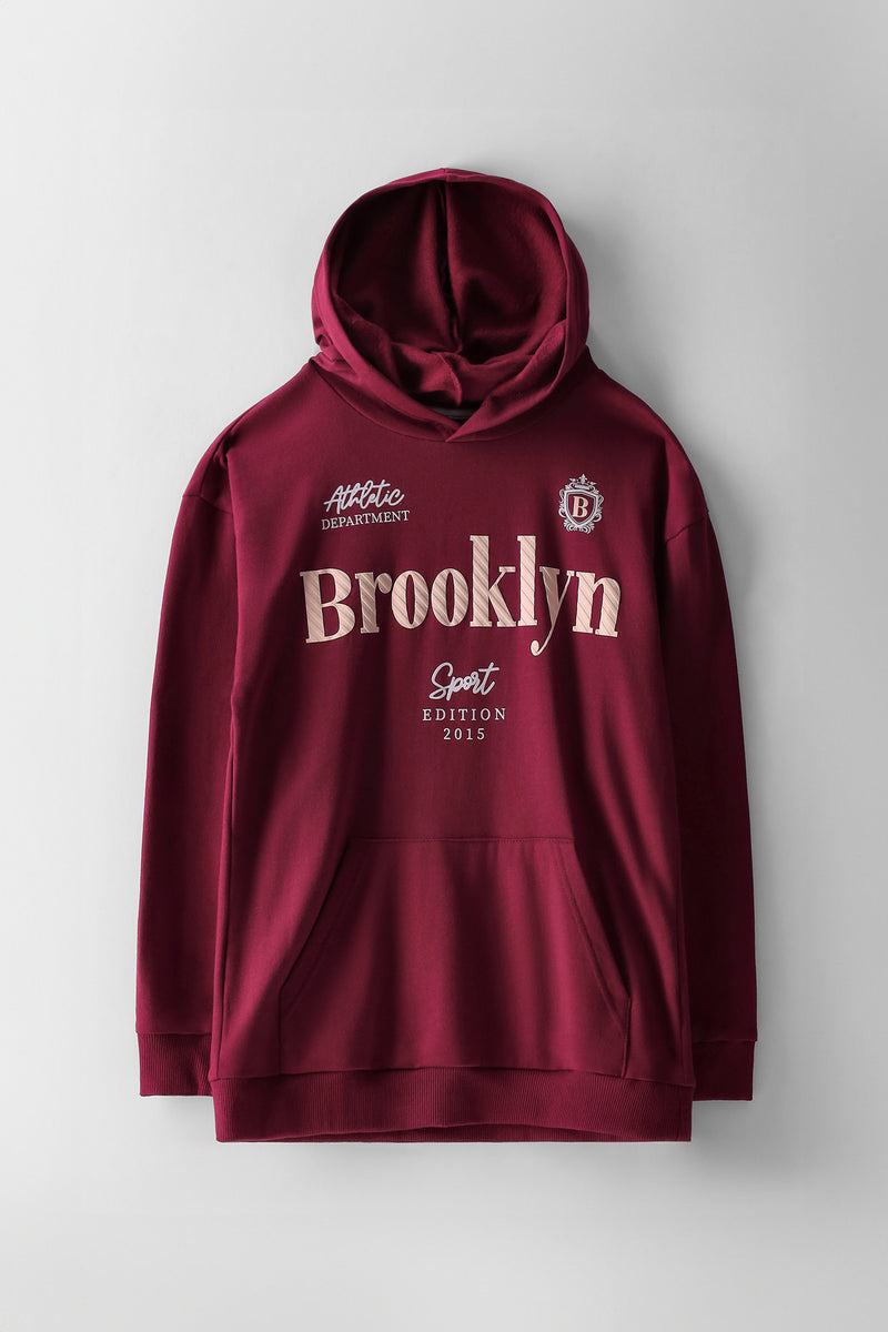 Boys Brooklyn Hd Print Fleece Hoody - Burgundy
