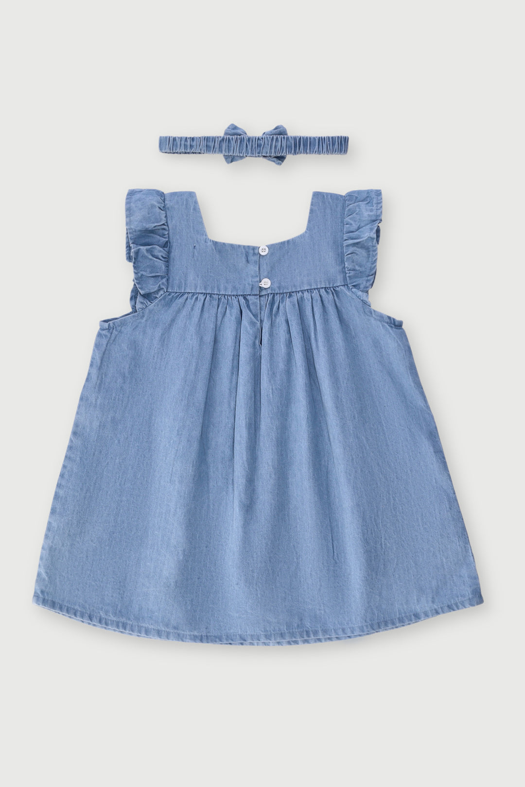 Baby Girls Chambray Embroidered Dress With Headband - Acid Wash