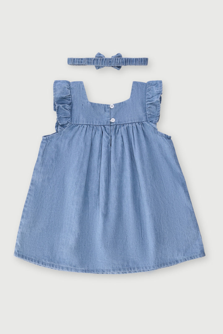 Baby Girls Chambray Embroidered Dress With Headband - Acid Wash