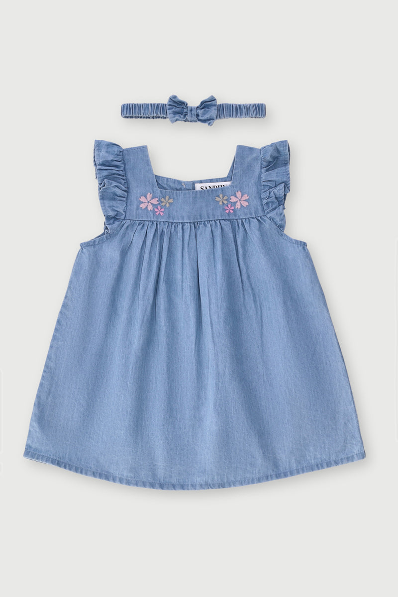 Baby Girls Chambray Embroidered Dress With Headband - Acid Wash