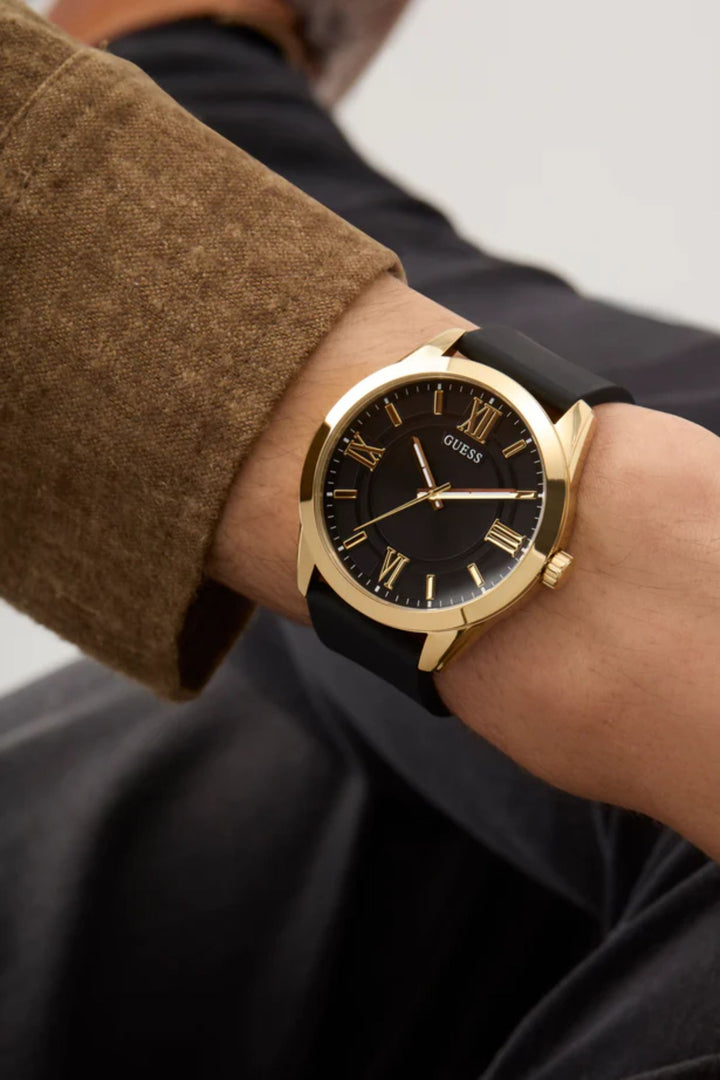 Gents, Ip Gold Case, Black Dial & Strap Watch