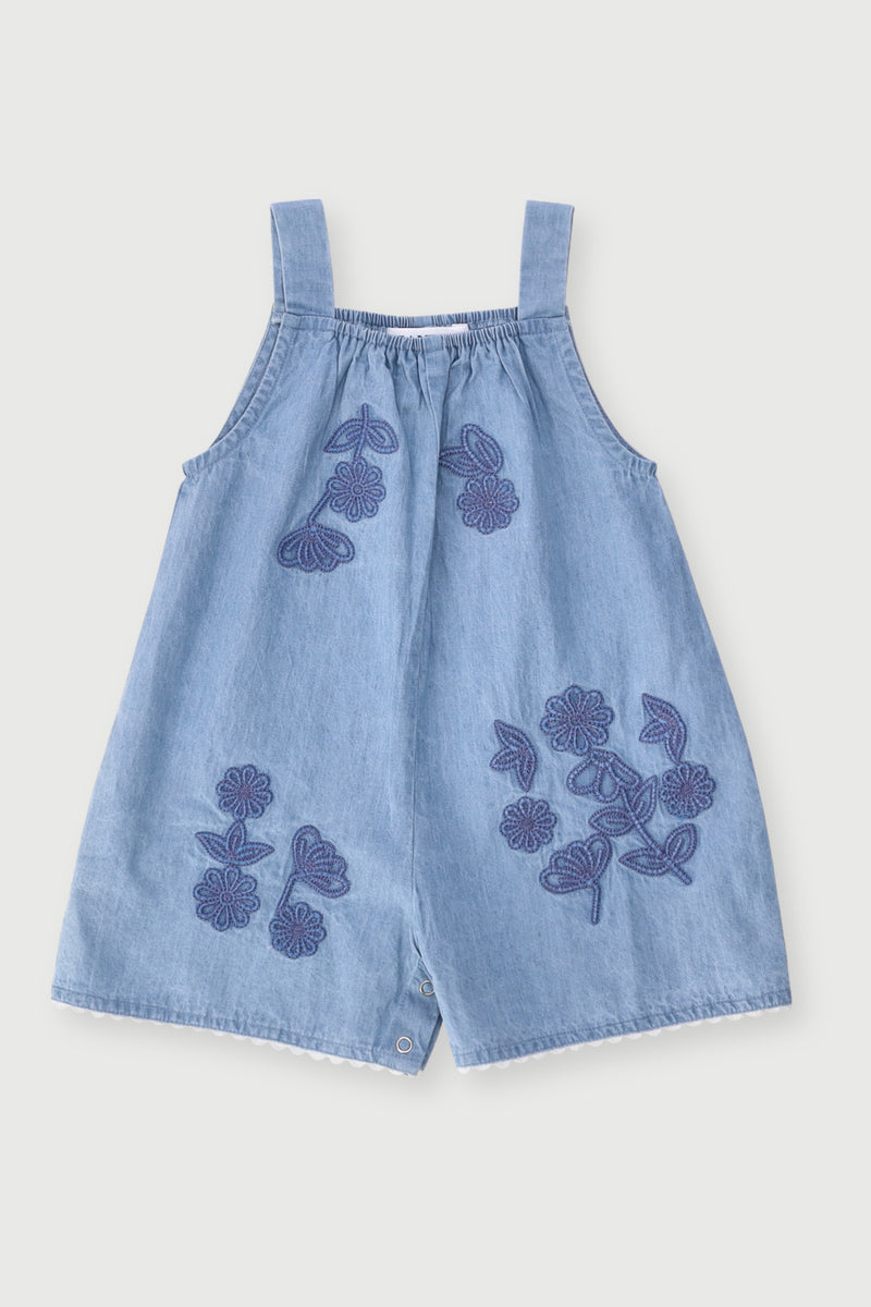 Baby Girls Chambray Embroidered Fashion Romper - Denim Blue