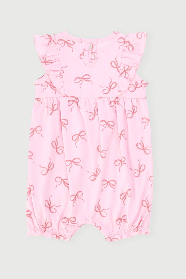 Baby Girls Frill Detail Bow Print Romper - Pink