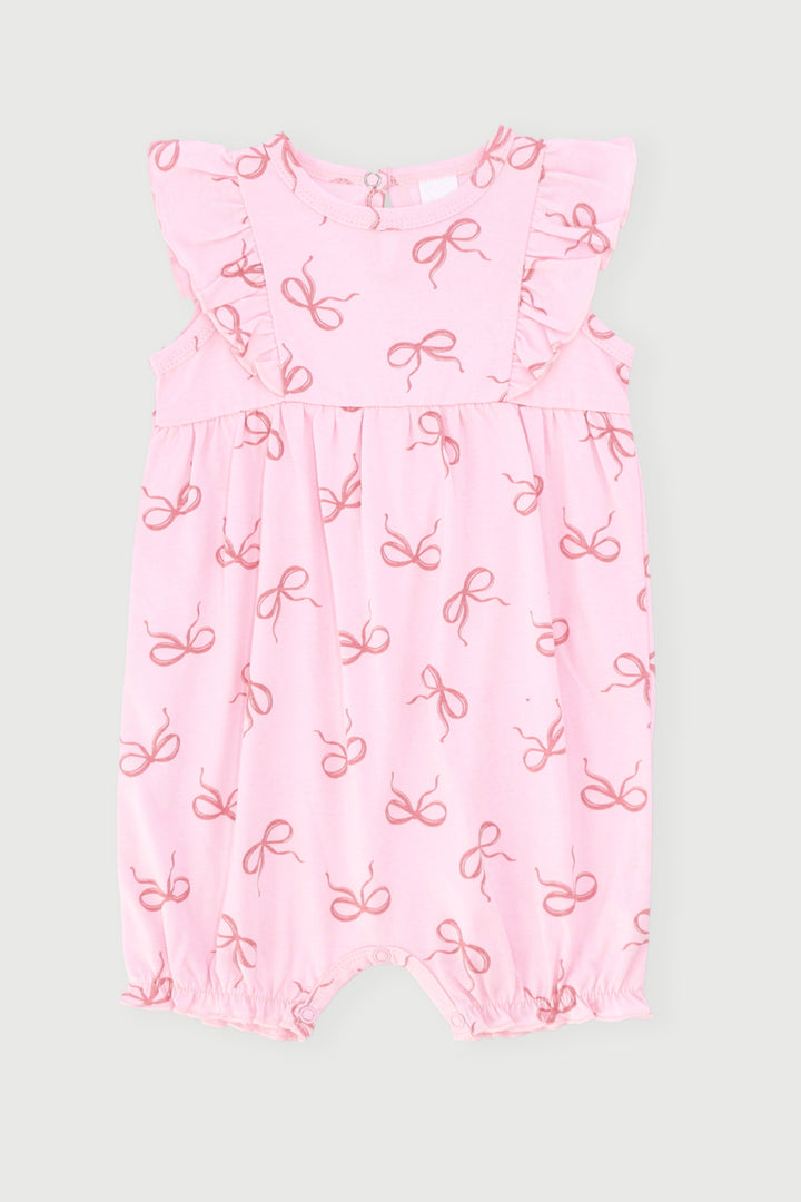 Baby Girls Frill Detail Bow Print Romper - Pink