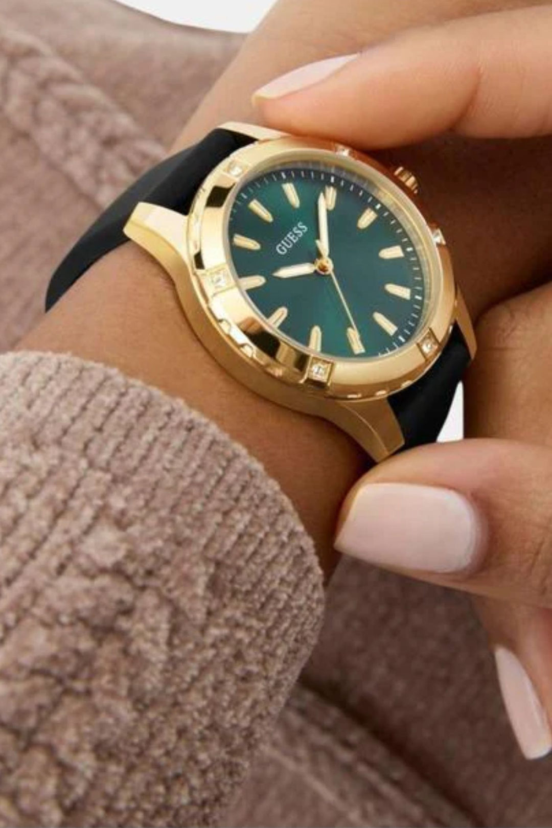 Ladies Gold Case Green Dial Watch with Black Strap