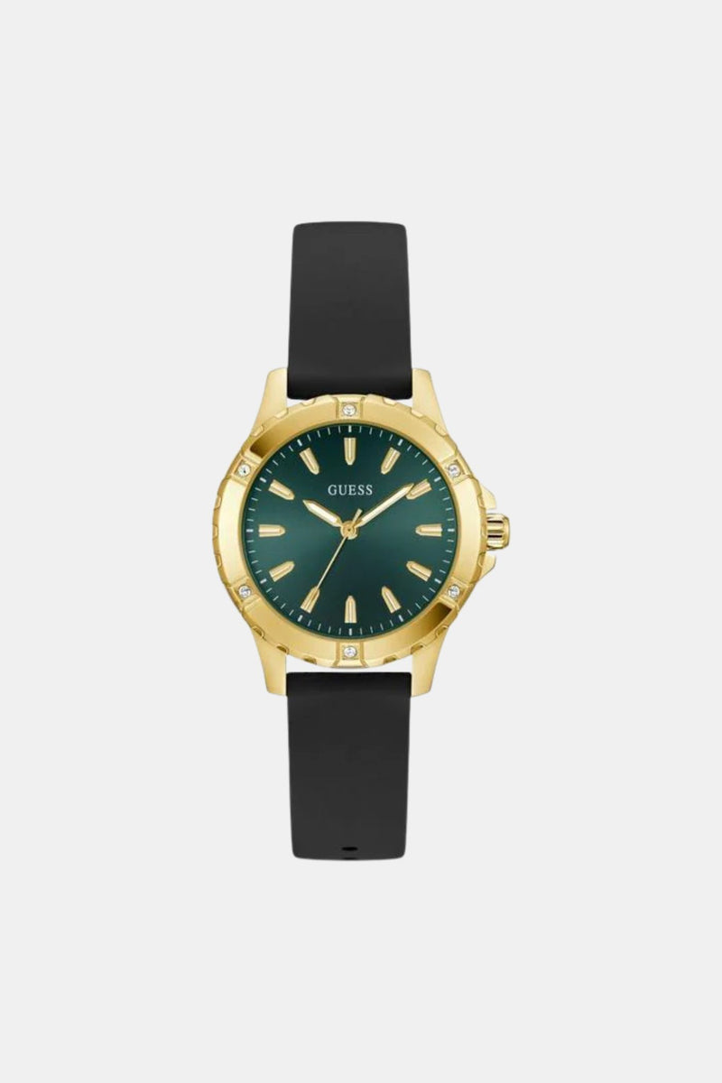 Ladies Gold Case Green Dial Watch with Black Strap