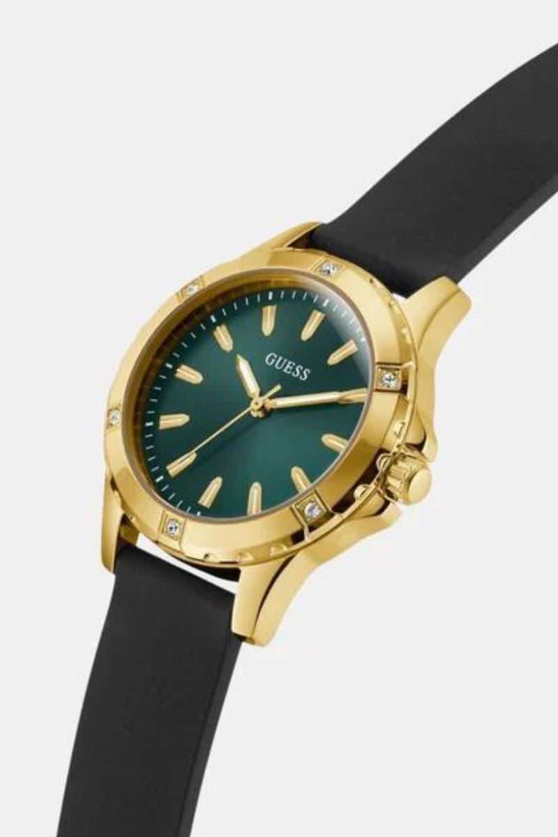 Ladies Gold Case Green Dial Watch with Black Strap