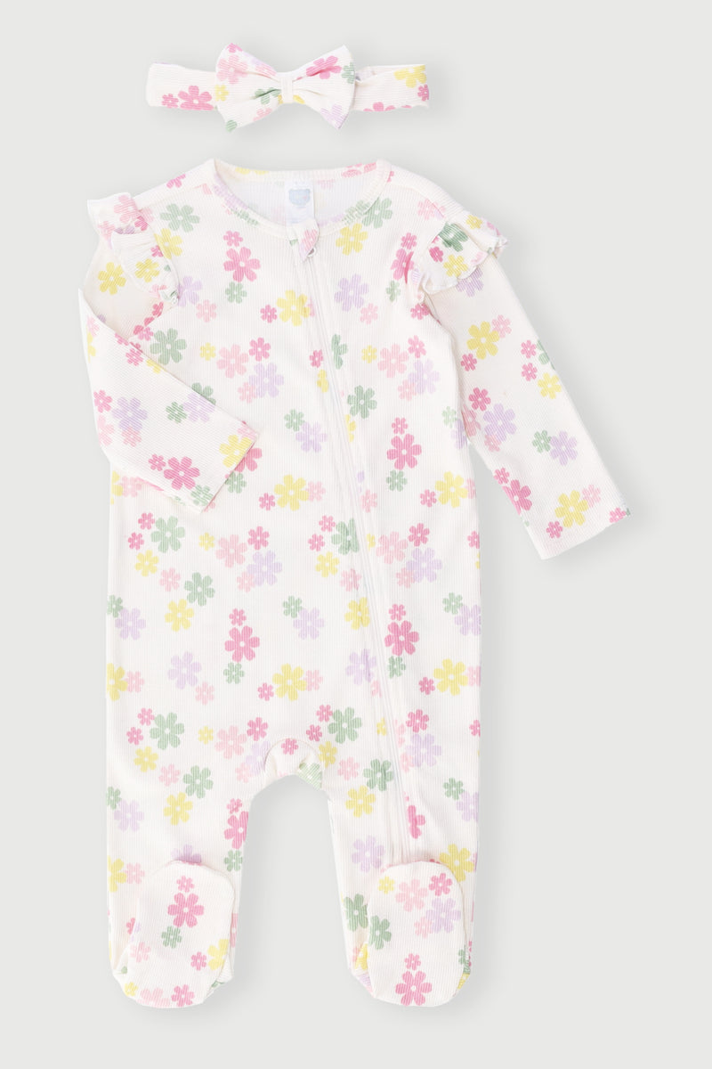 Baby Girls Floral Print Sleepsuit With Headband - Light Pink