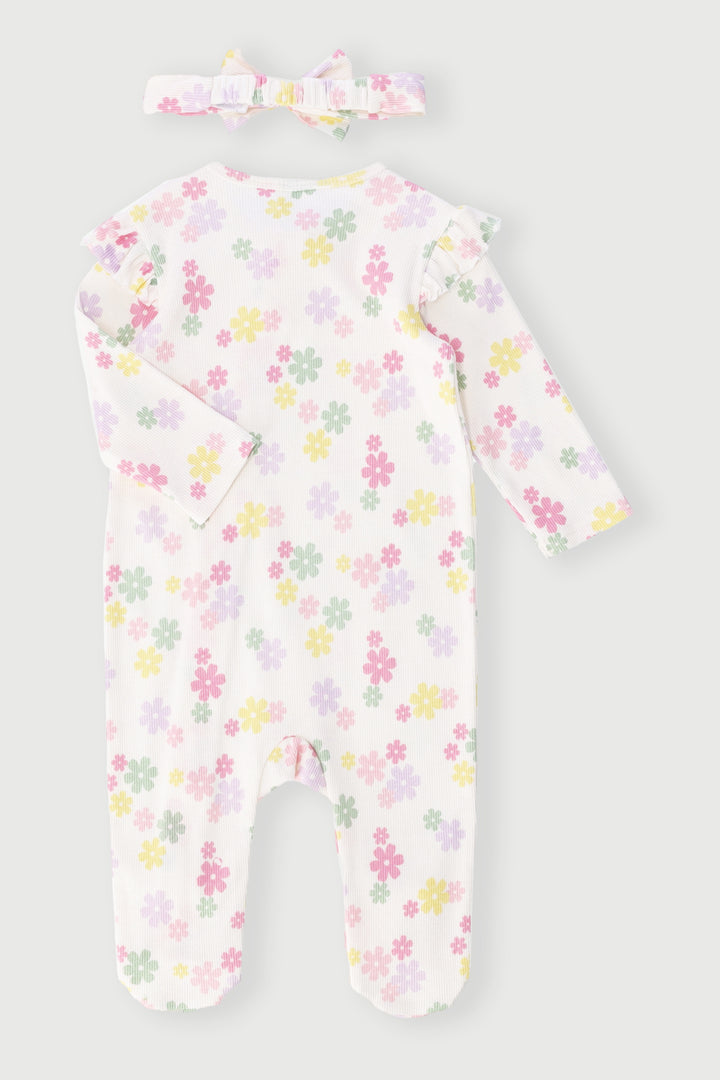 Baby Girls Floral Print Sleepsuit With Headband - Light Pink